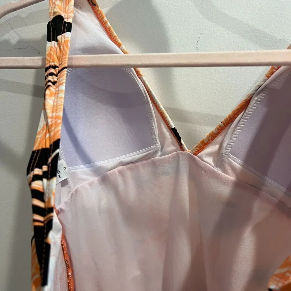 Jaclyn Smith Womens Orange Swimsuit 12 One Piece Floral Padded Pullover Stretch